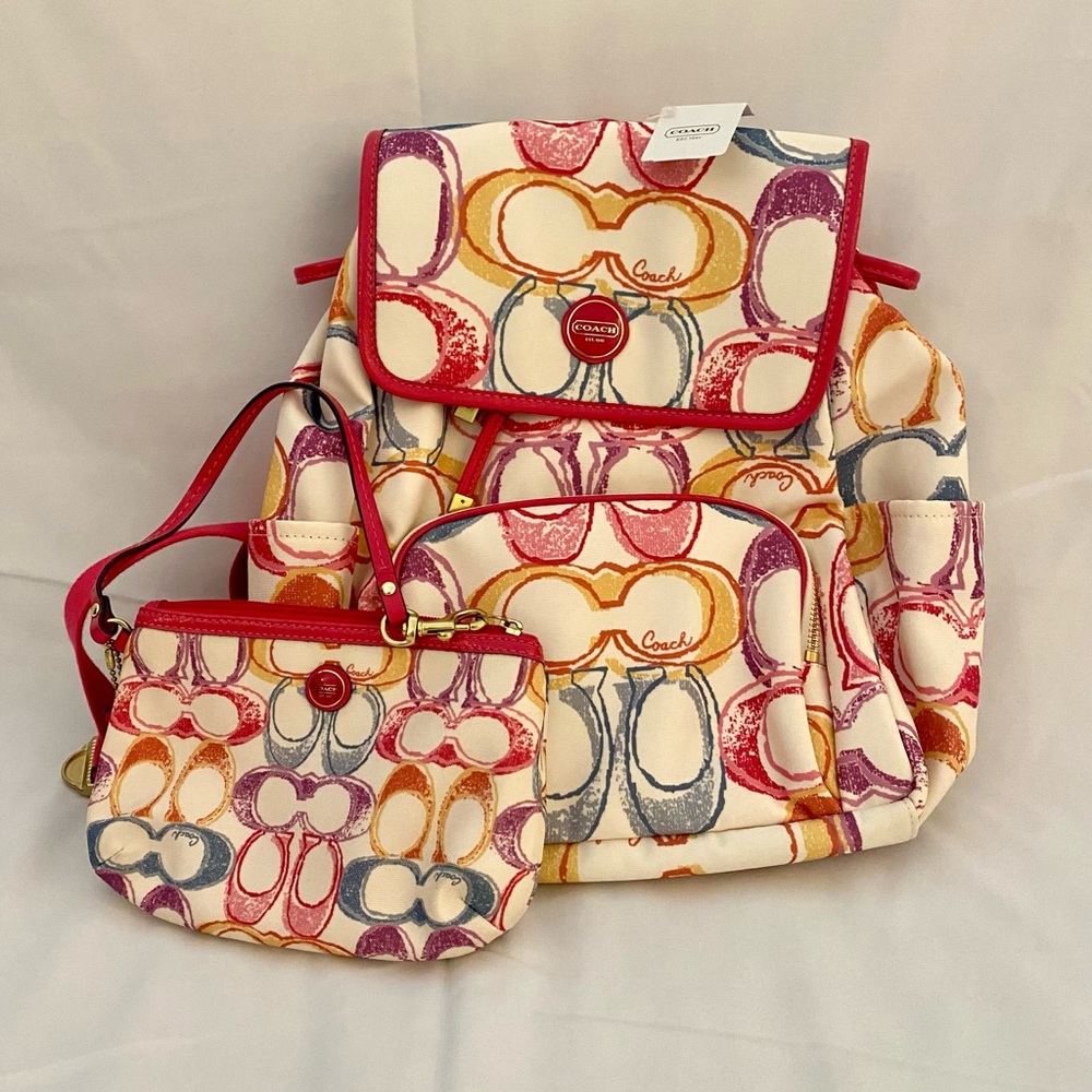 Coach Red and Pink Signature Backpack
